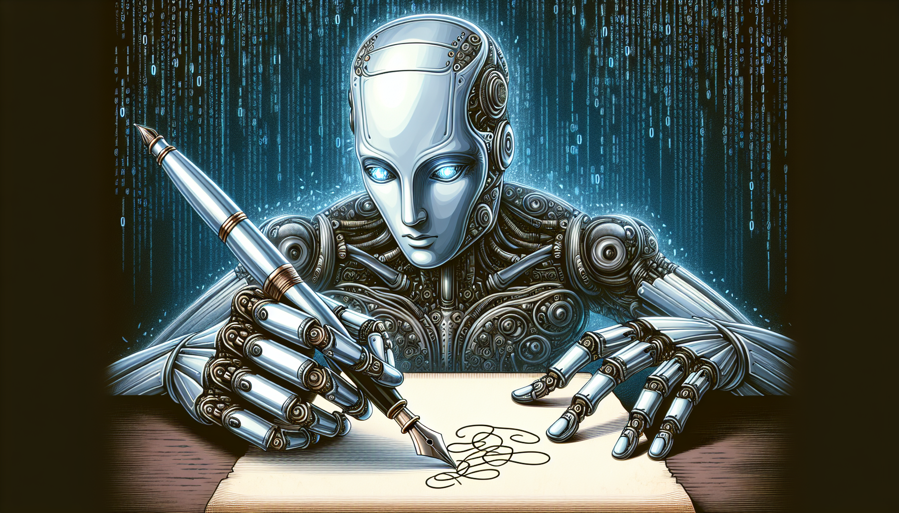 Illustration of a robot writing with a pen