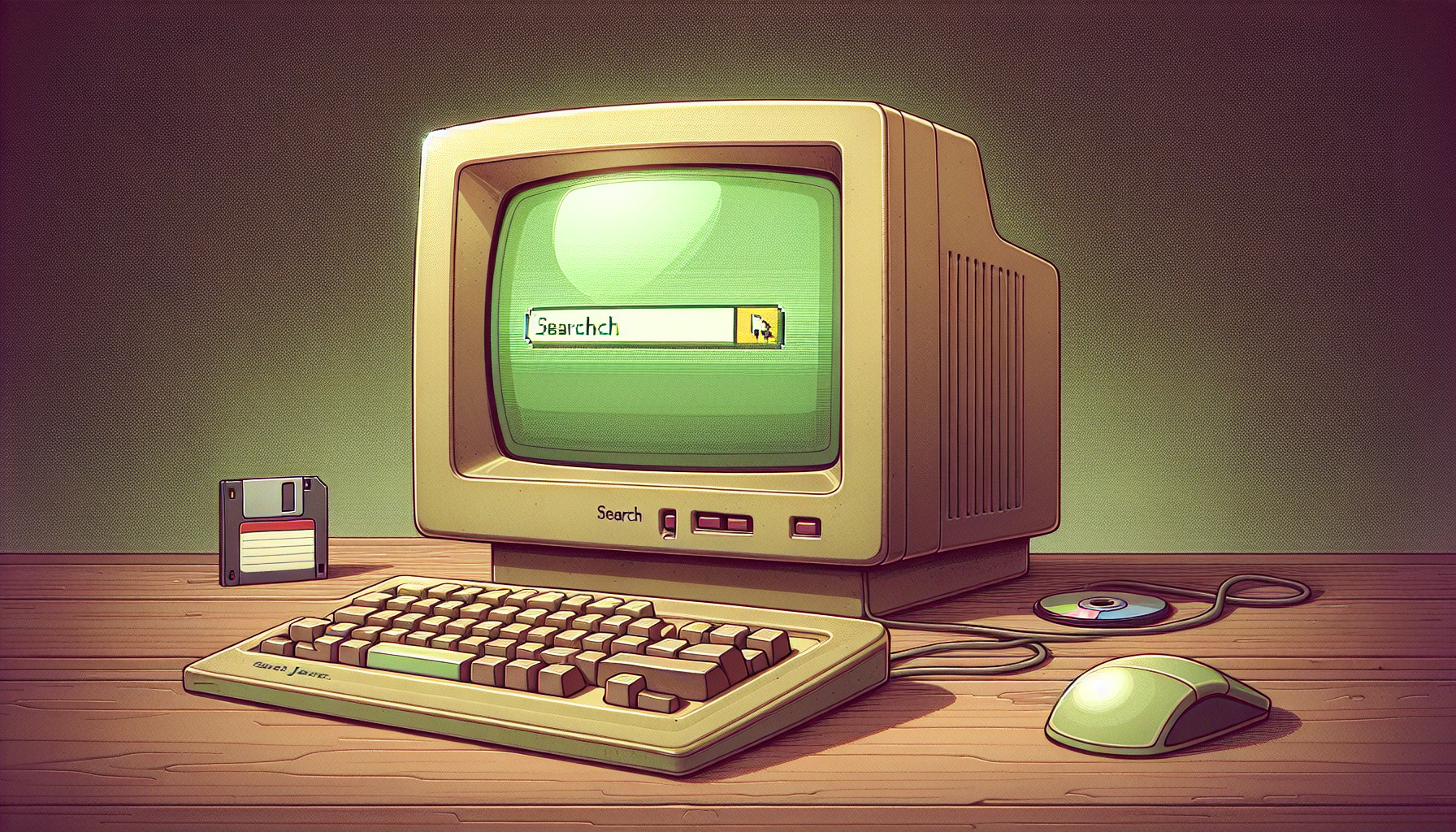 A vintage computer with a search bar on the screen