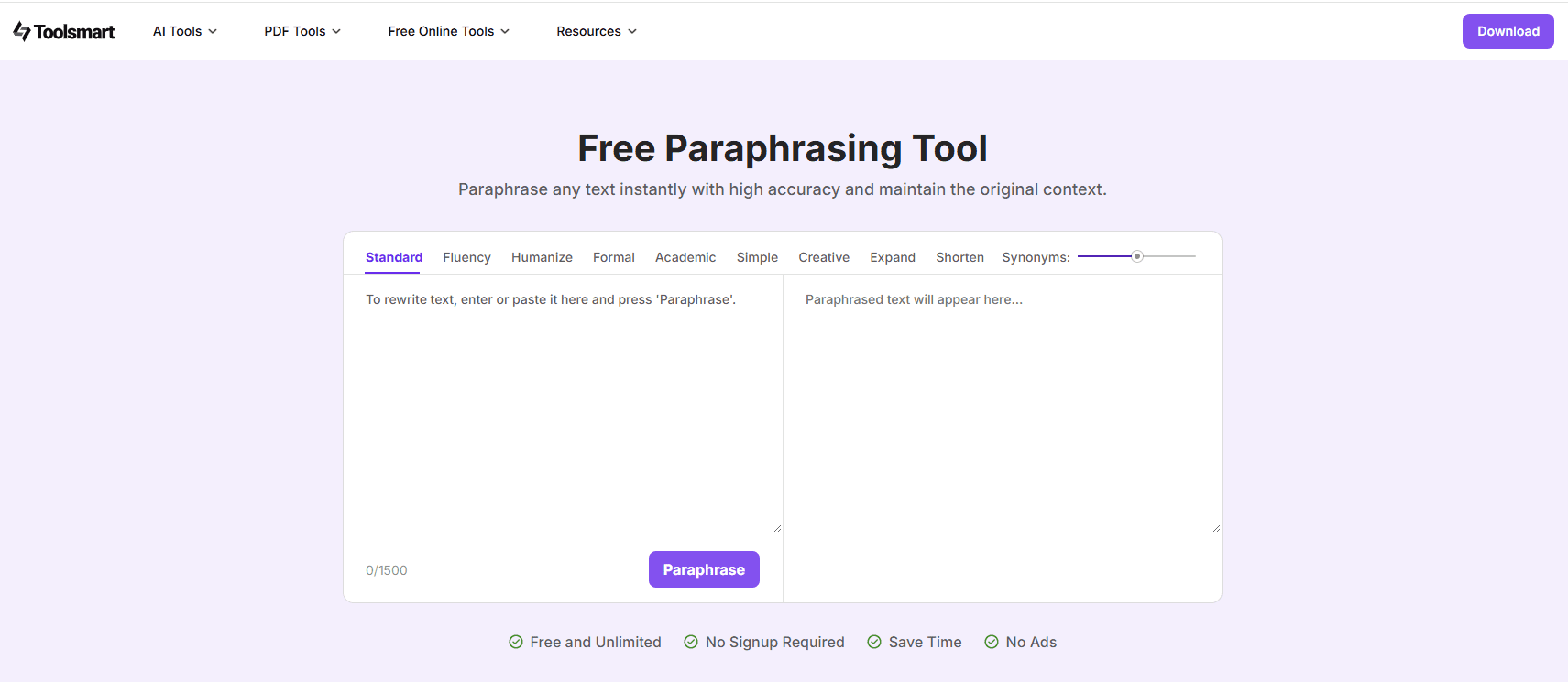 Free Paraphrasing Tool-Toolsmart screenshot