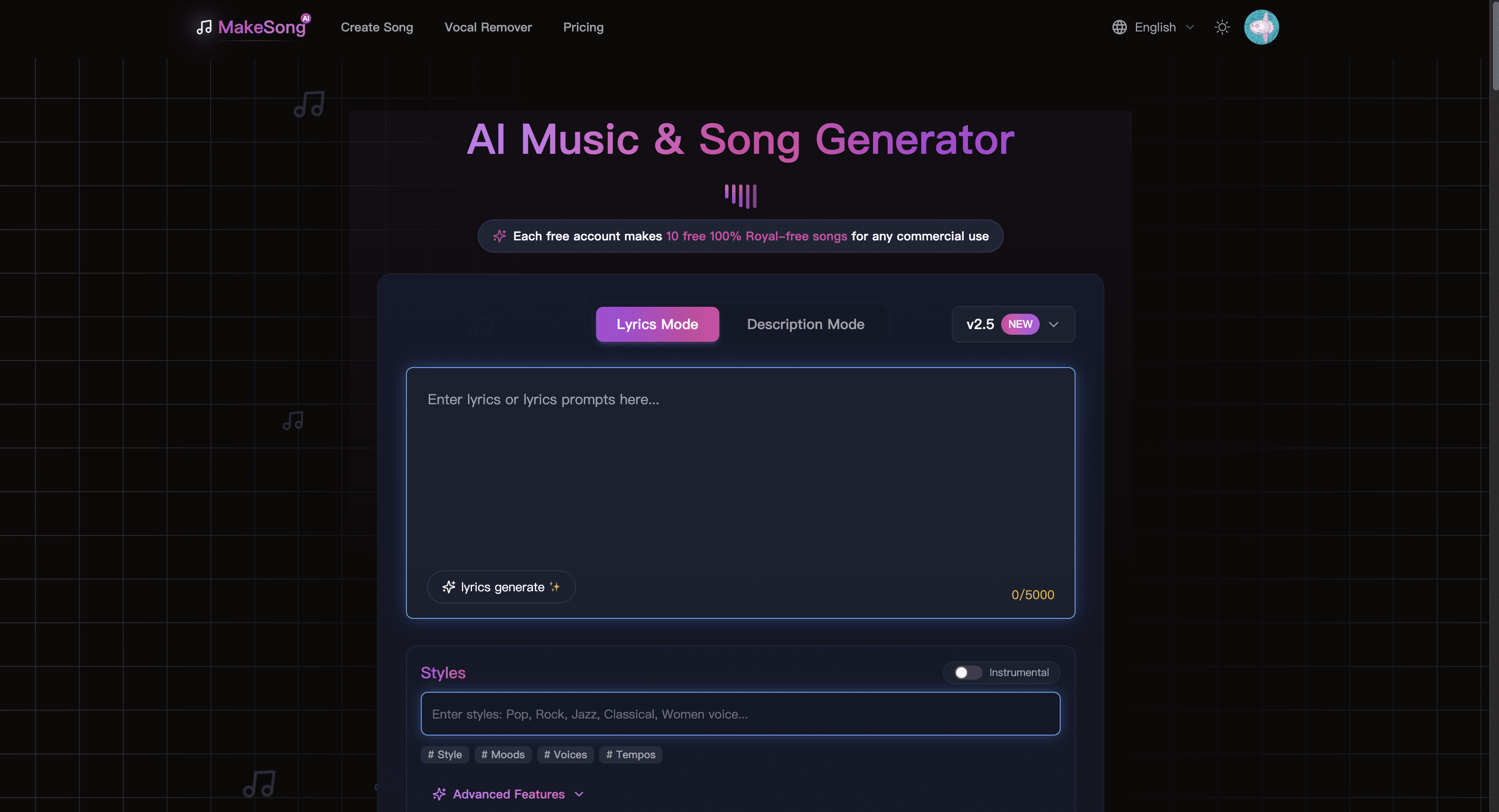MakeSong – AI music generator screenshot