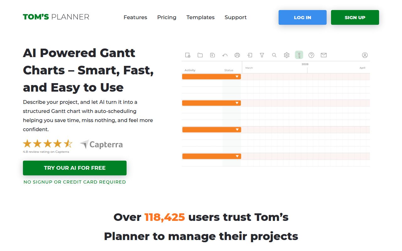 Tomsplanner homepage screenshot