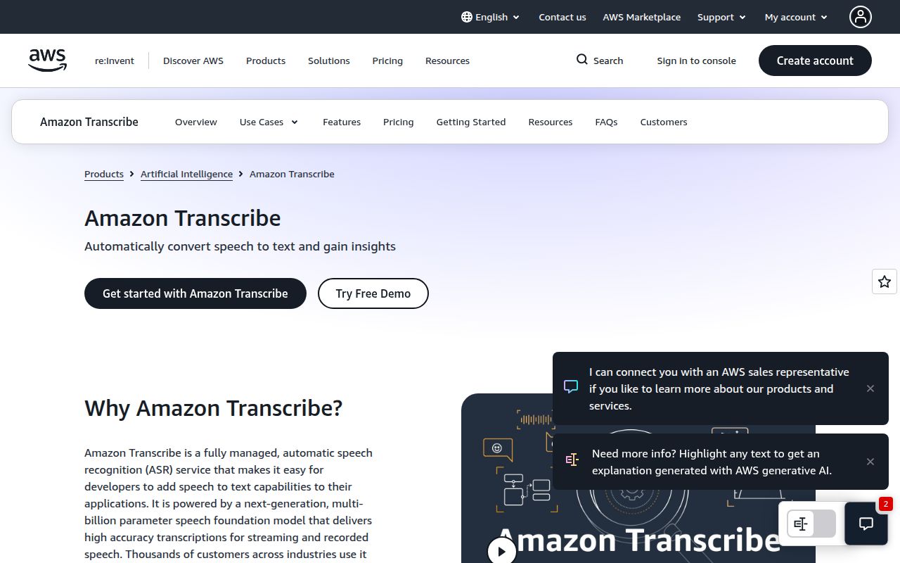 Amazon Transcribe homepage screenshot