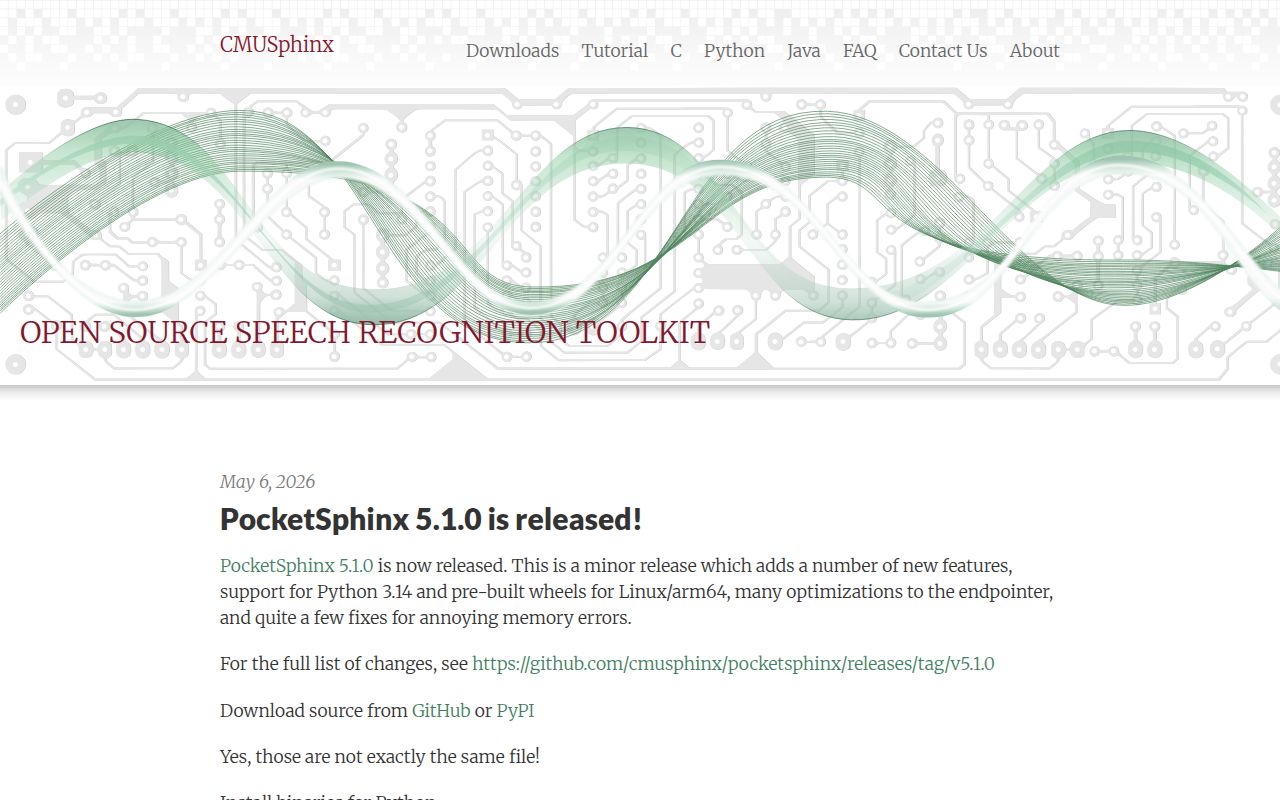 CMU Pocketsphinx homepage screenshot