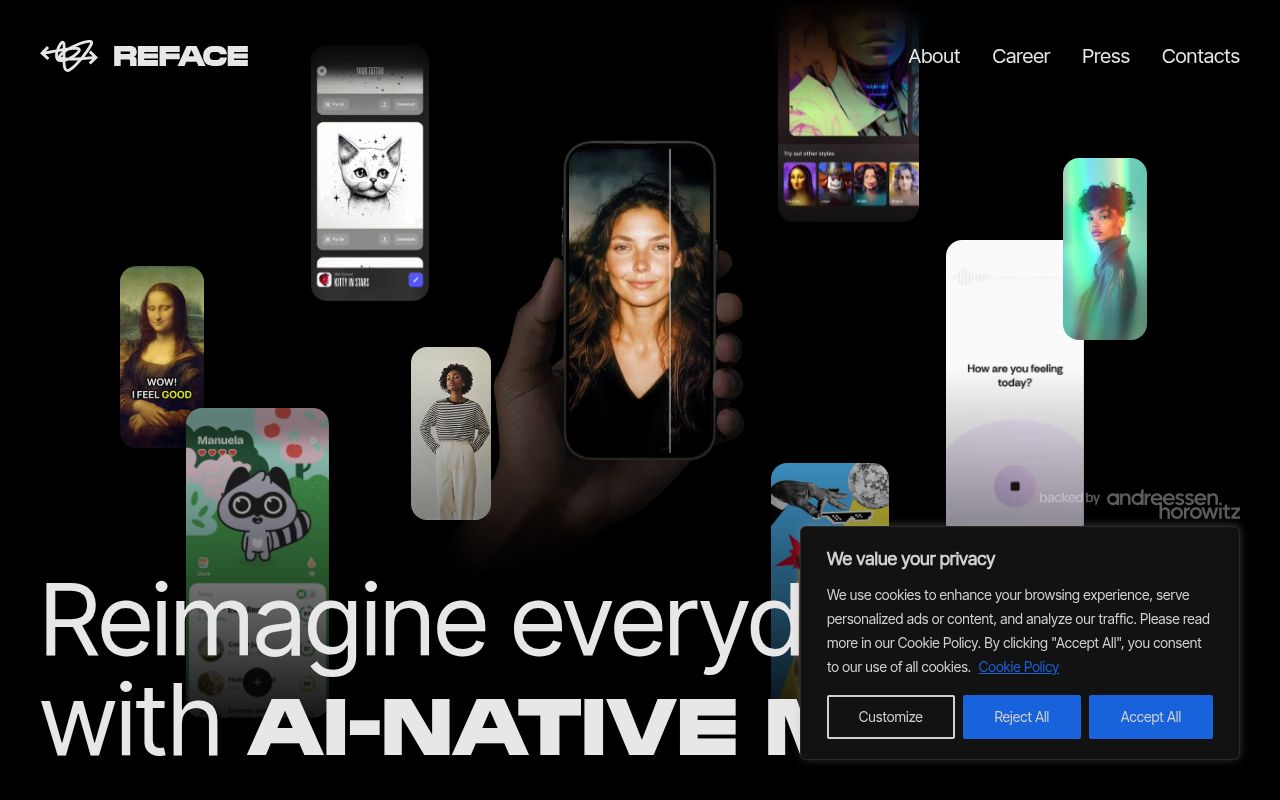 Reface AI homepage screenshot