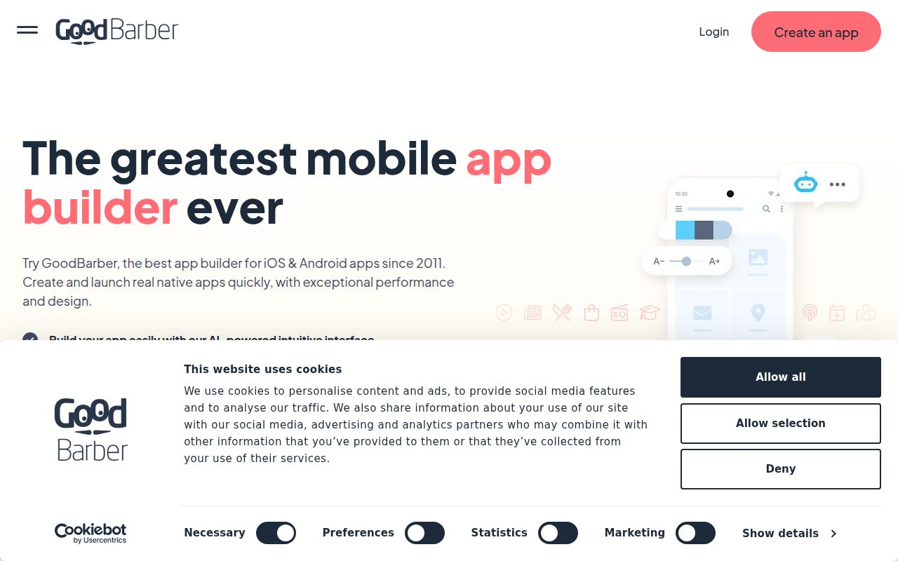 GoodBarber homepage screenshot