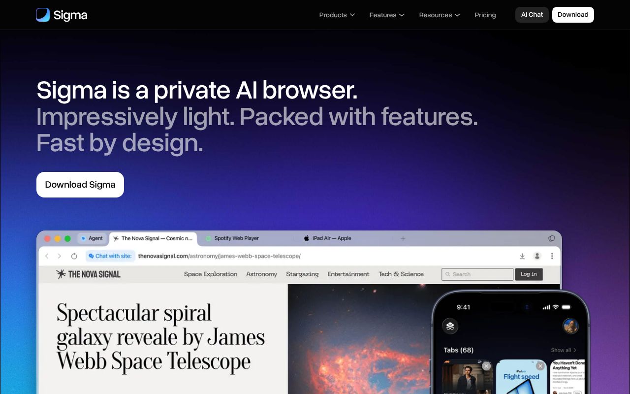 Sigma Browser homepage screenshot