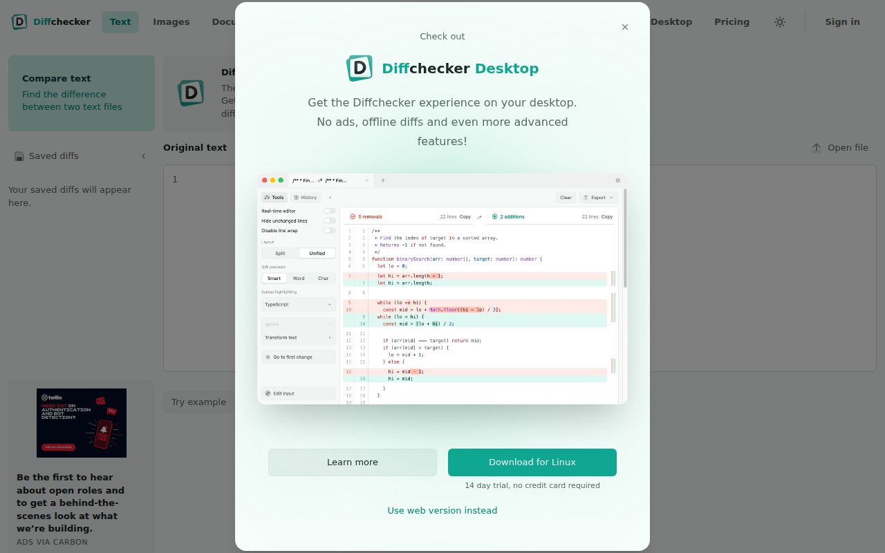 DiffChecker homepage screenshot