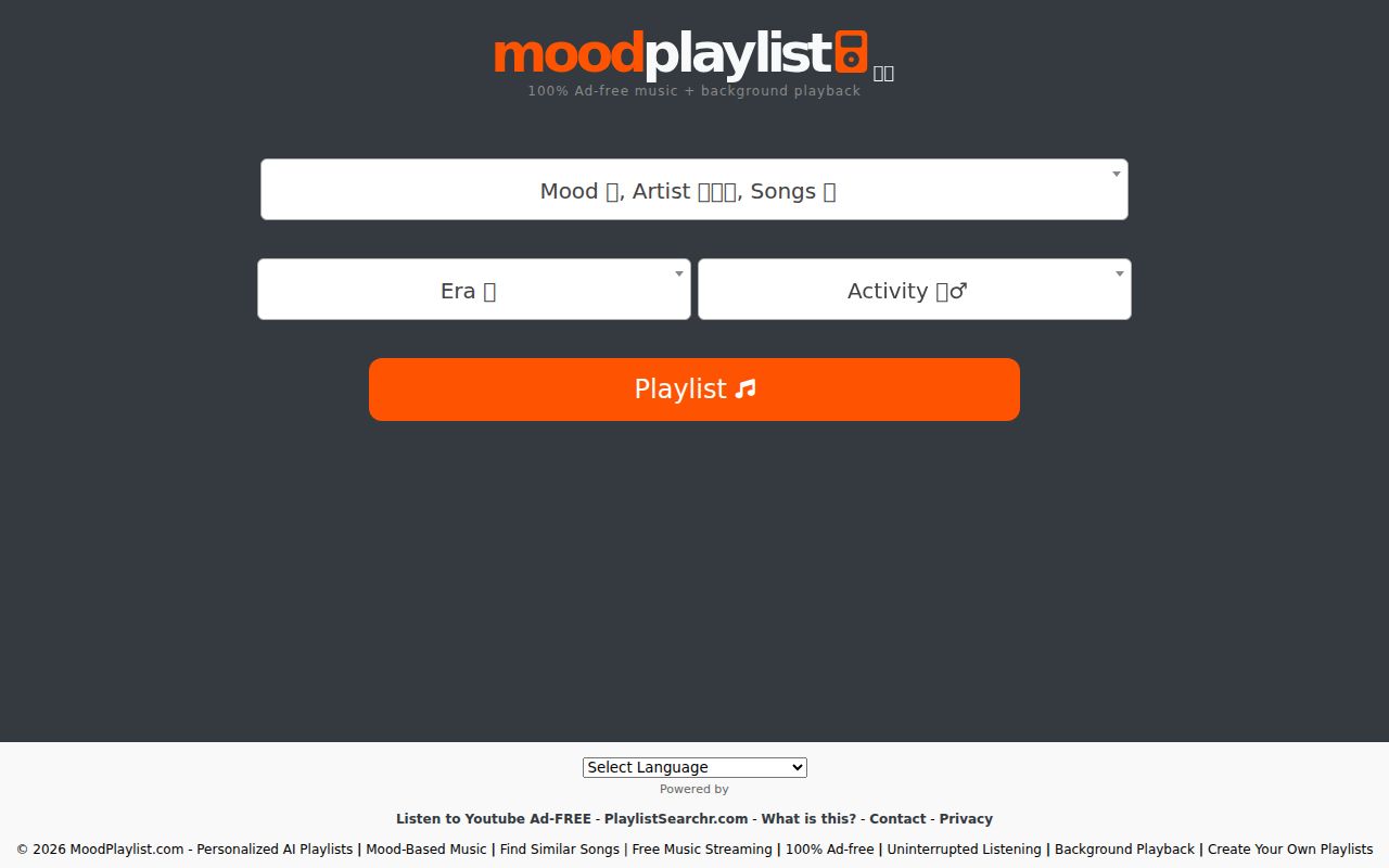 Moodplaylist.com homepage screenshot