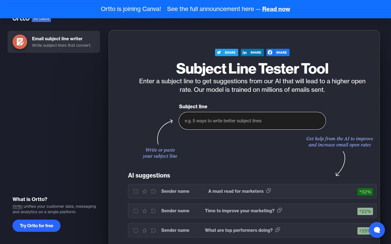 Ortto AI Subject Line Writer homepage