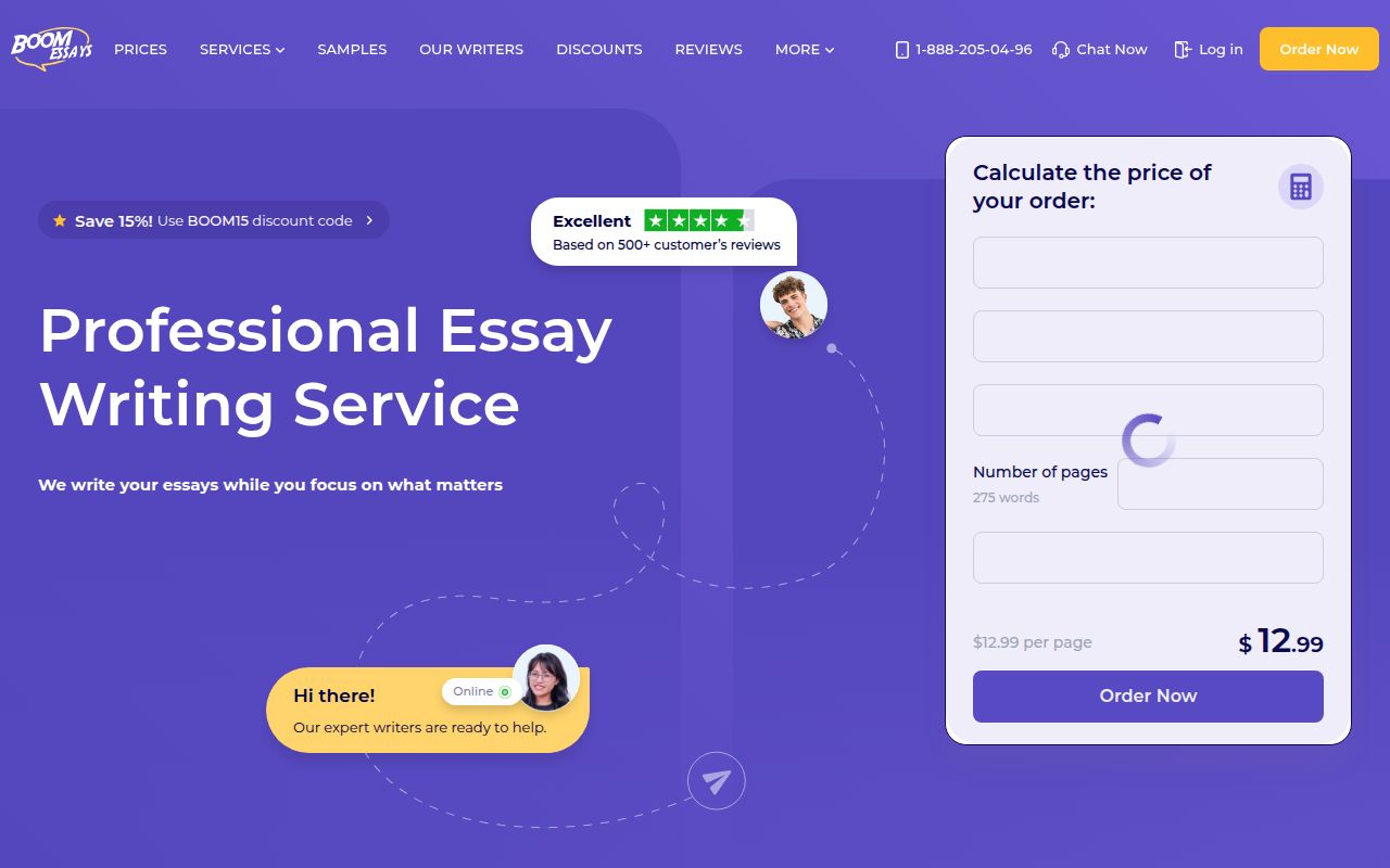 Boom Essays homepage screenshot