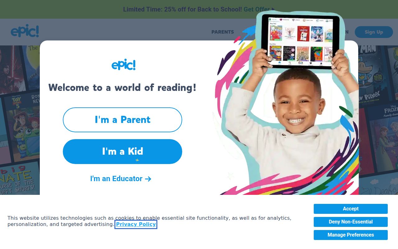 Epic! homepage screenshot