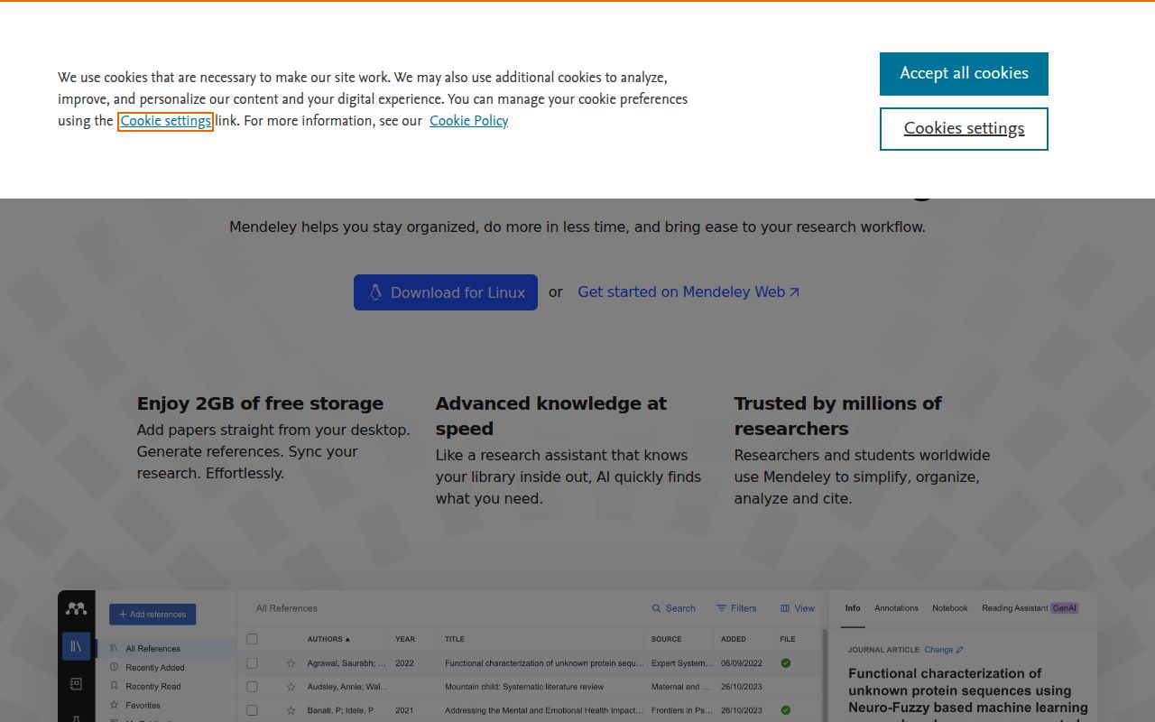 Mendeley homepage screenshot