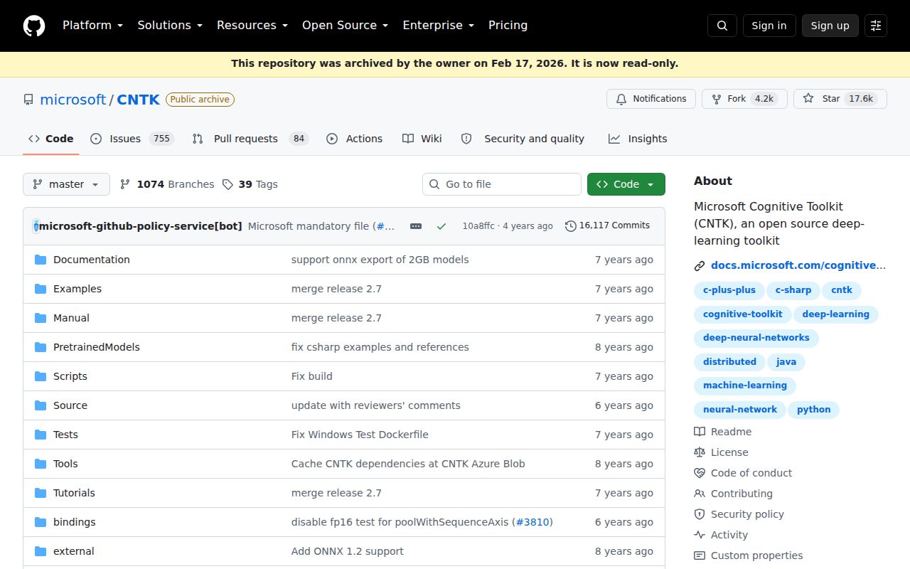 Microsoft Cognitive Toolkit homepage screenshot