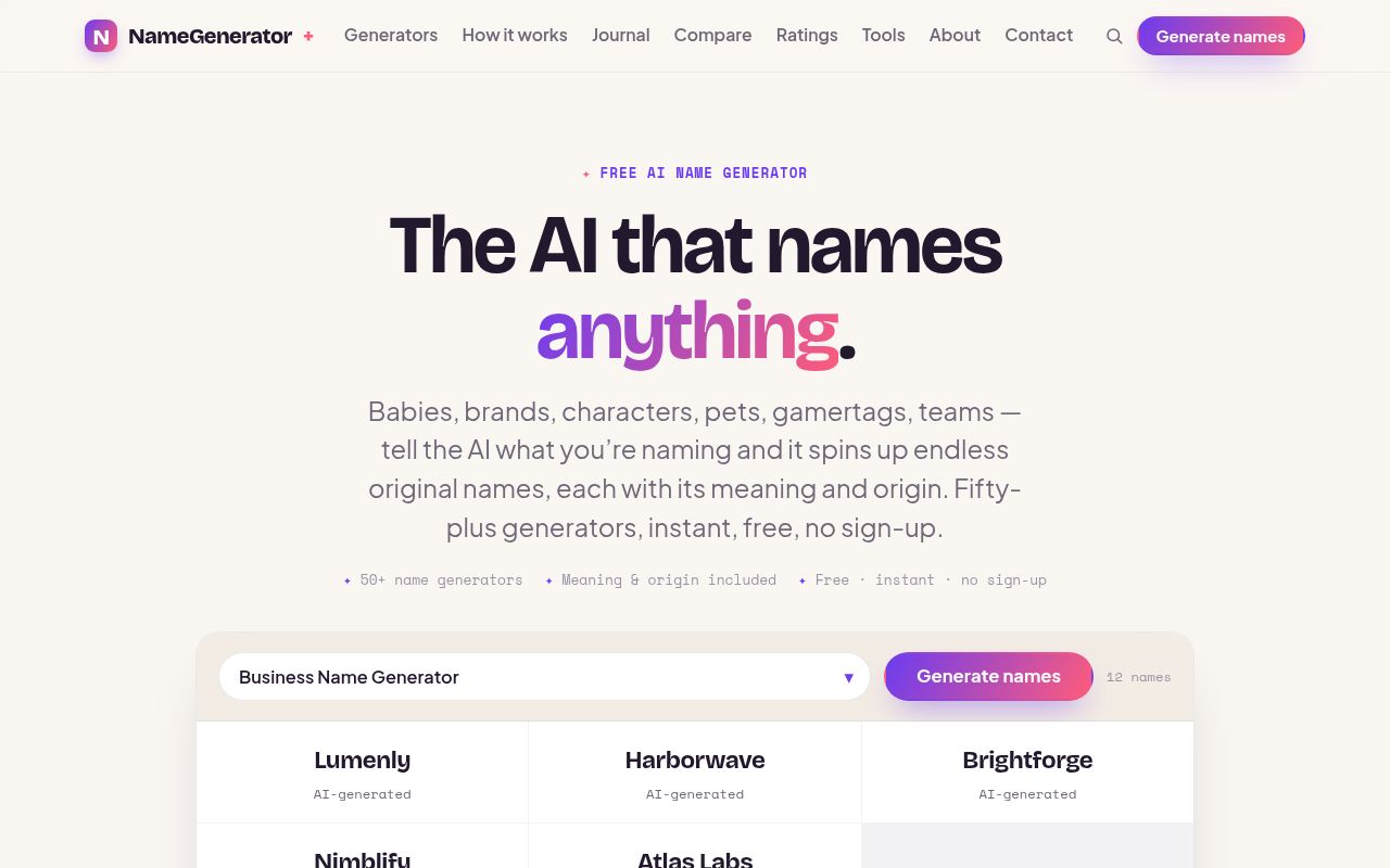 Name Generator homepage screenshot