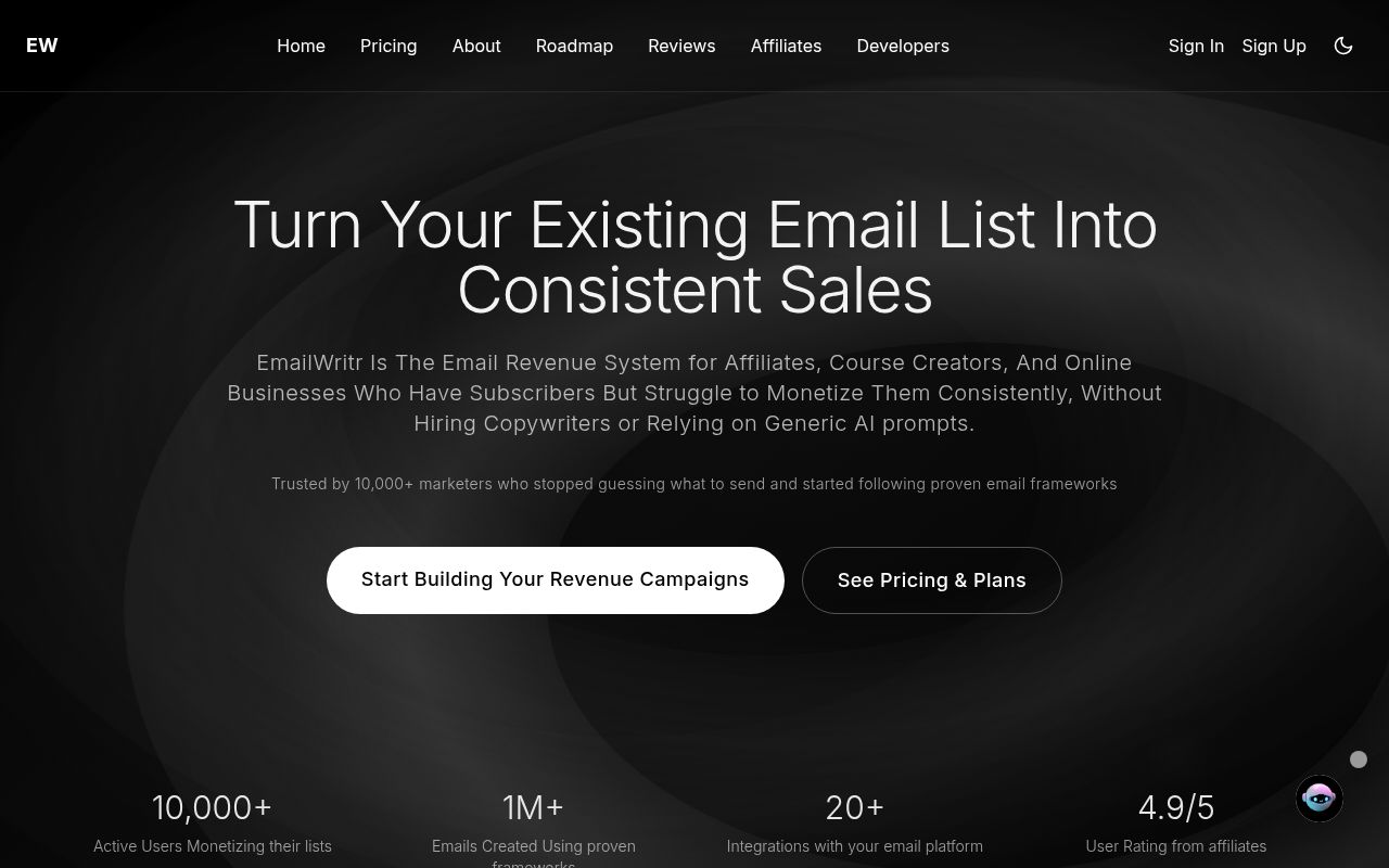 EmailWritr homepage screenshot