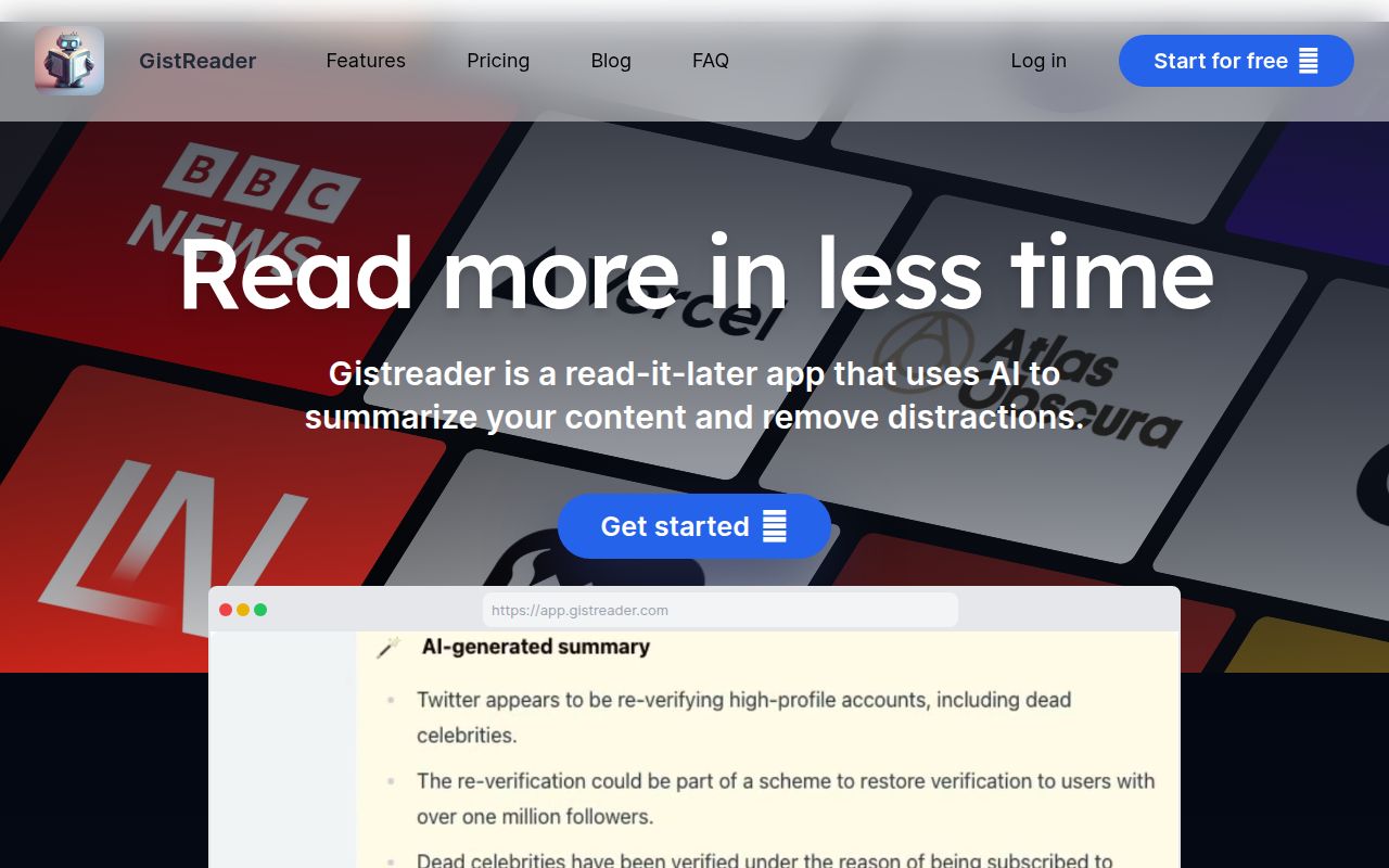 GistReader homepage screenshot
