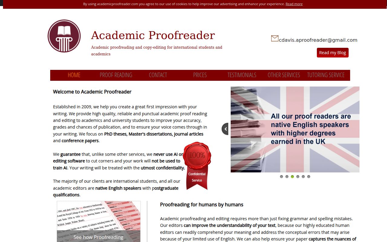 Academic Proofreader homepage screenshot