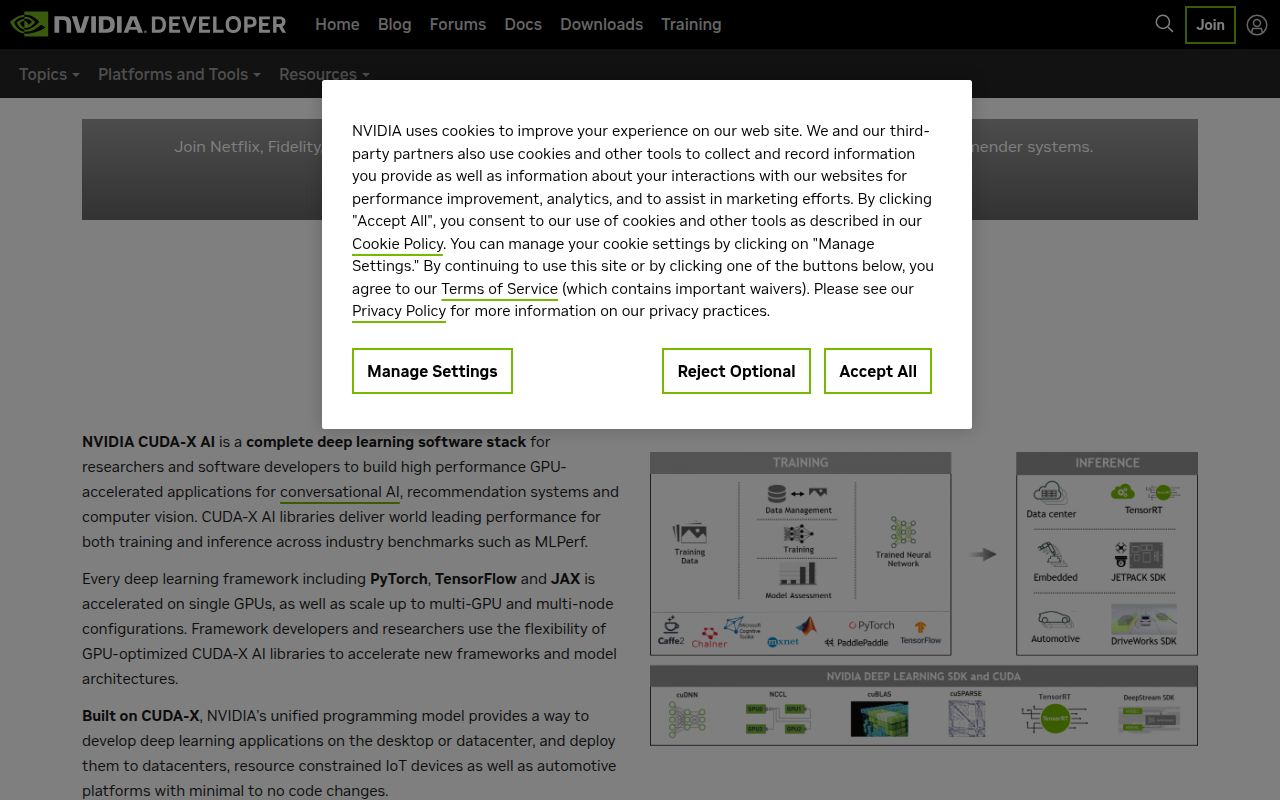 NVIDIA Deep Learning SDK homepage screenshot