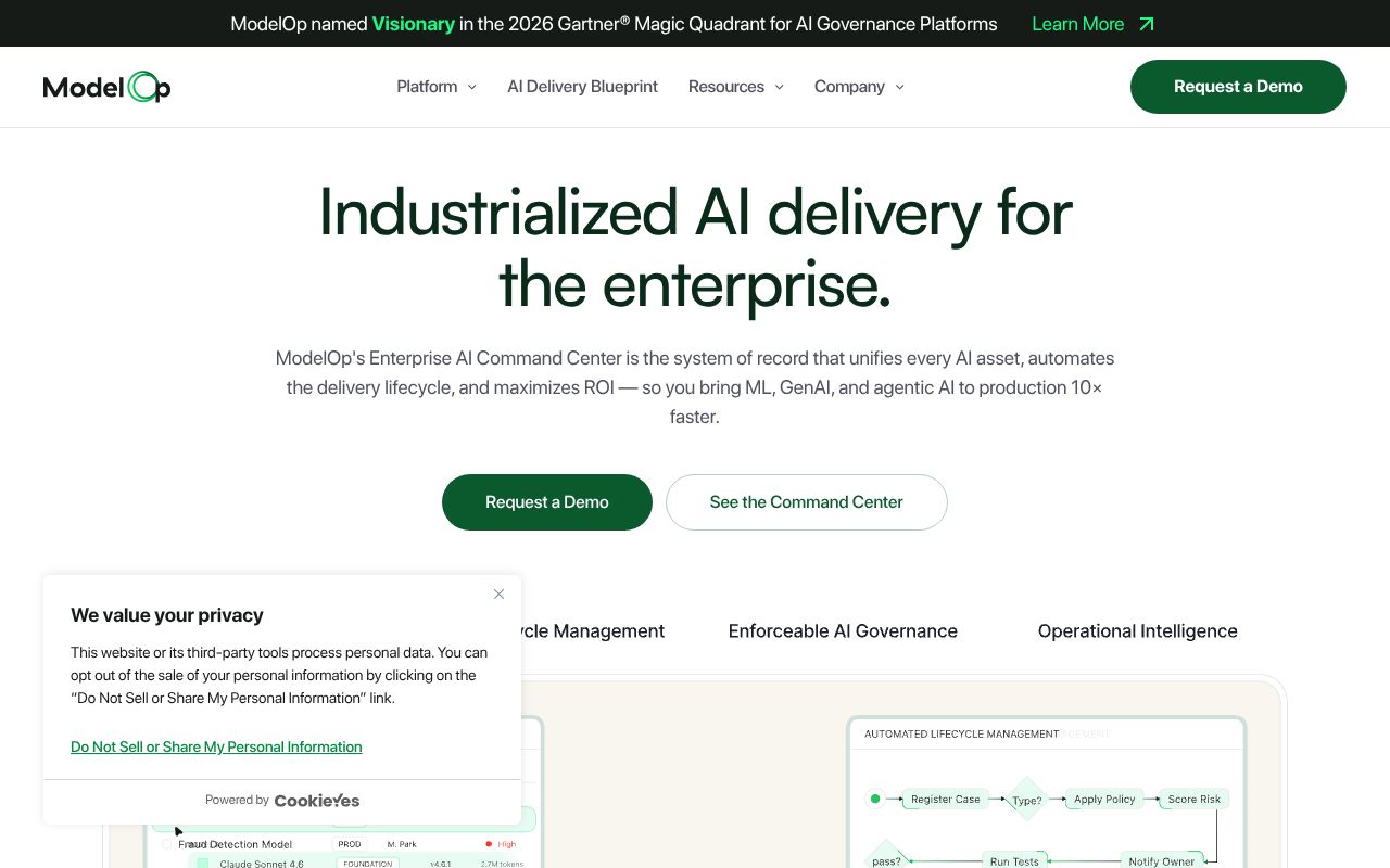 ModelOp Center homepage screenshot