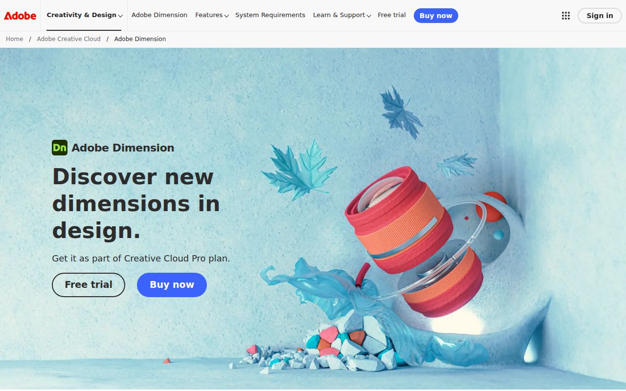 Adobe Dimension homepage screenshot