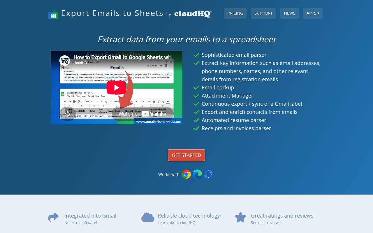 Export Emails to Sheets by cloudHQ homepage screenshot