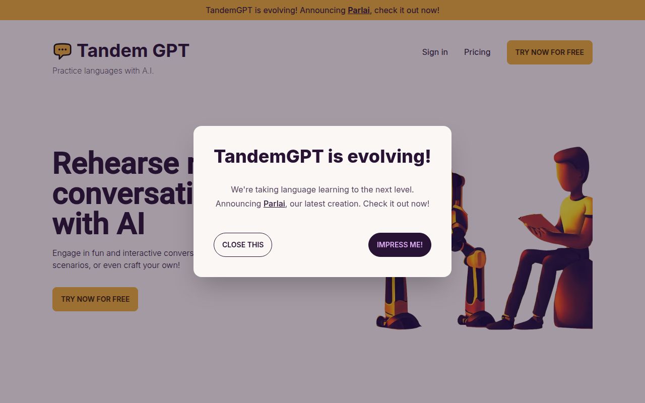 Tandem GPT homepage screenshot