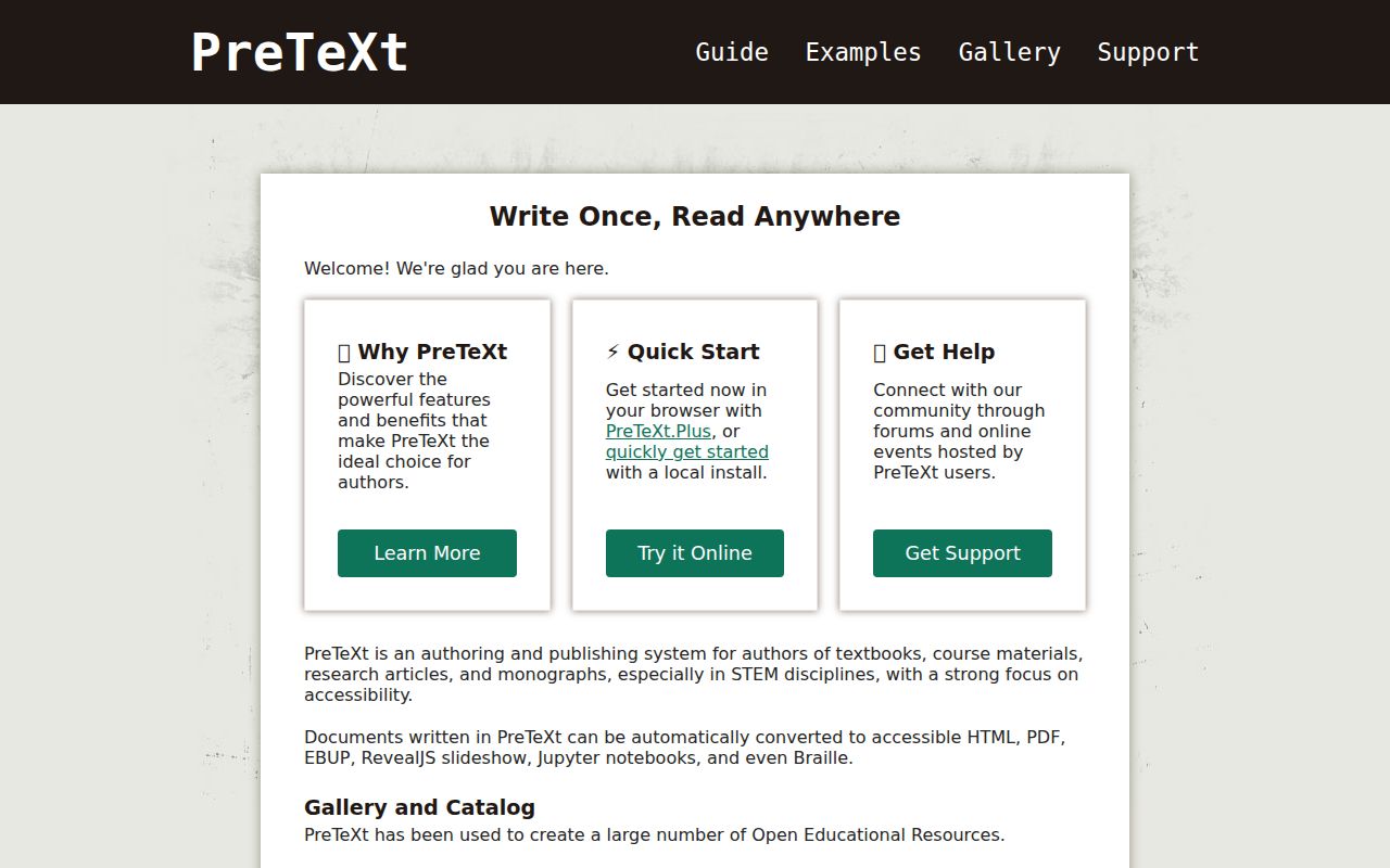 PreTeXt homepage screenshot