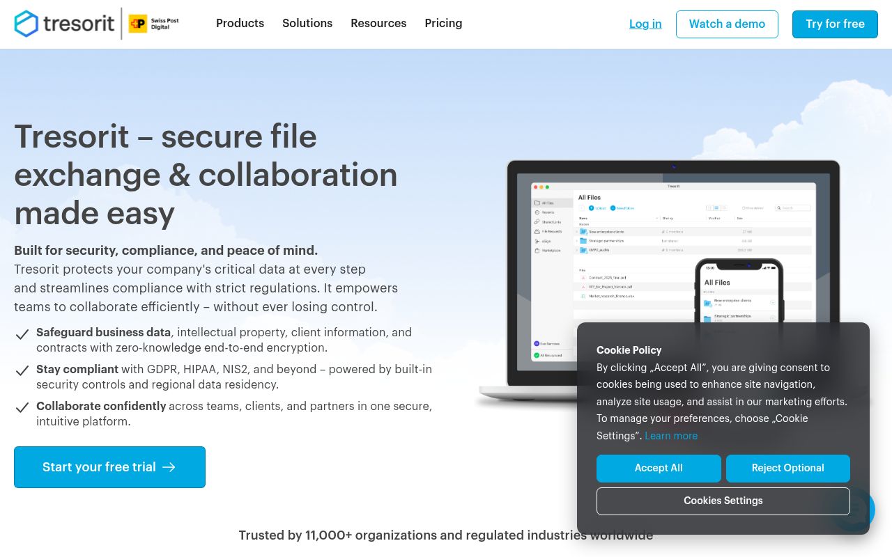 Tresorit homepage screenshot