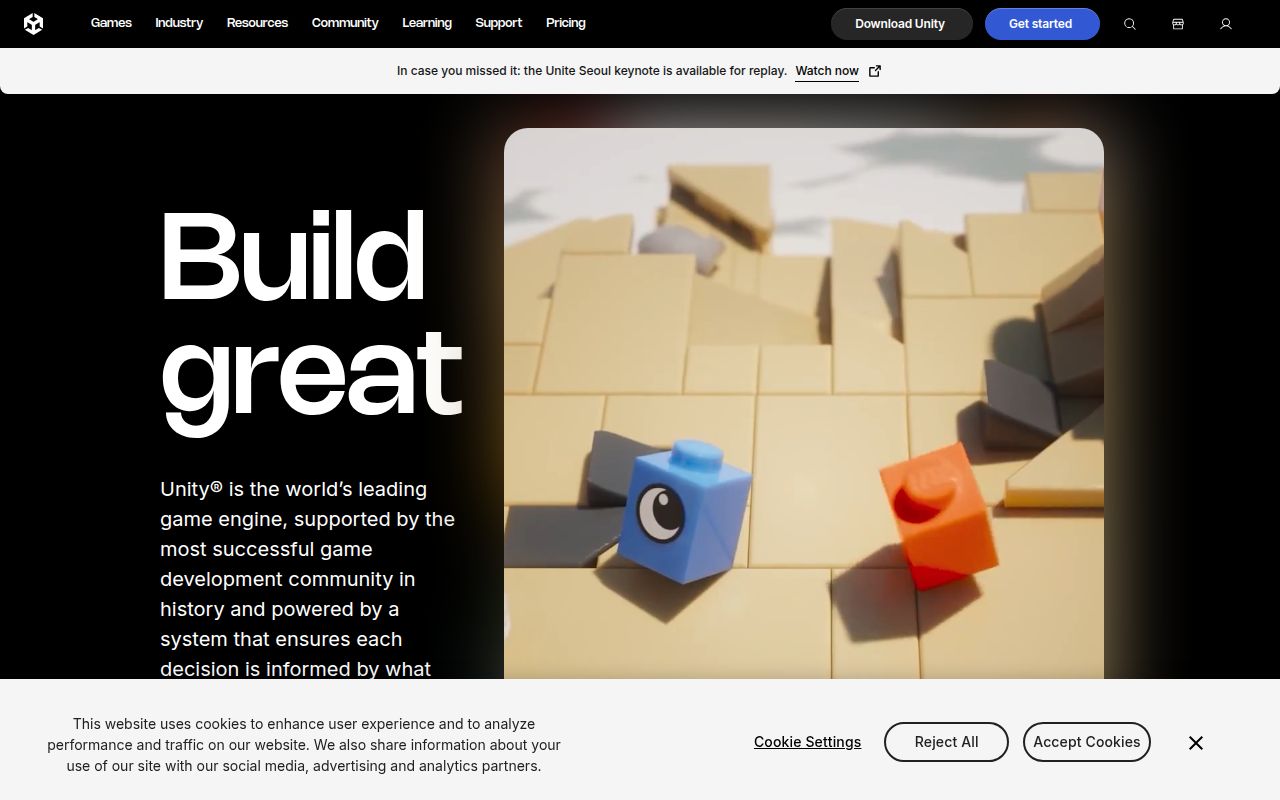 Unity homepage screenshot