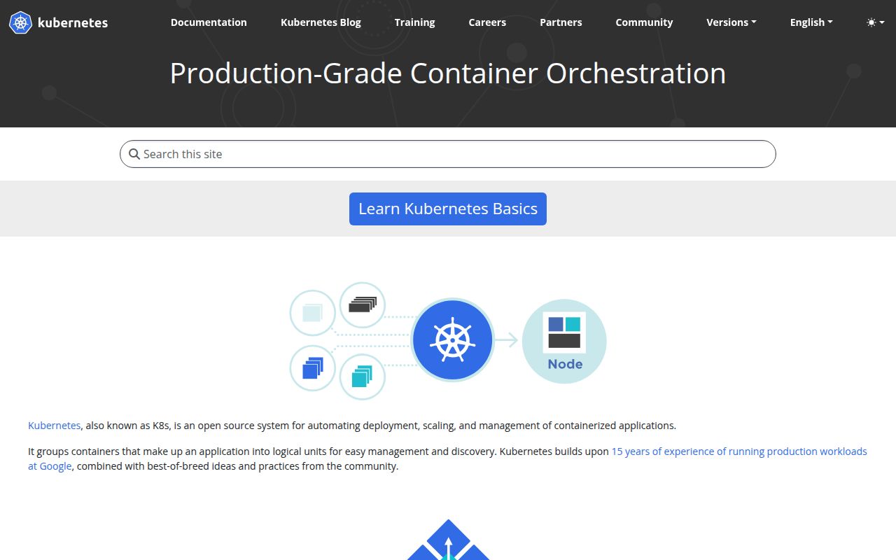Kubernetes CLI homepage screenshot