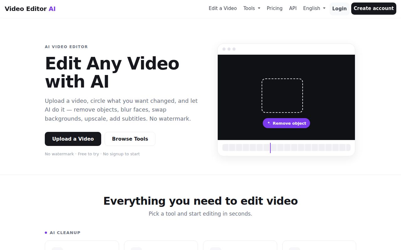 Video Editor AI homepage screenshot