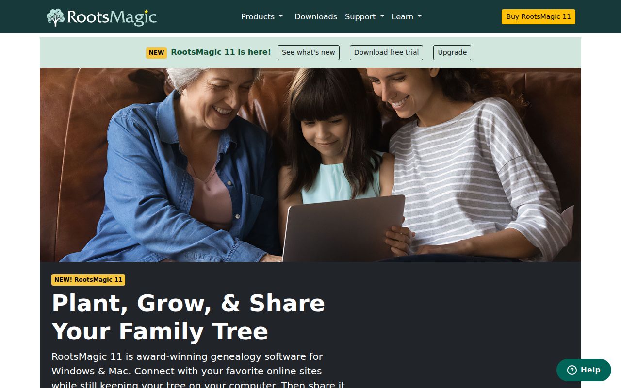 RootsMagic Family Tree Software homepage screenshot