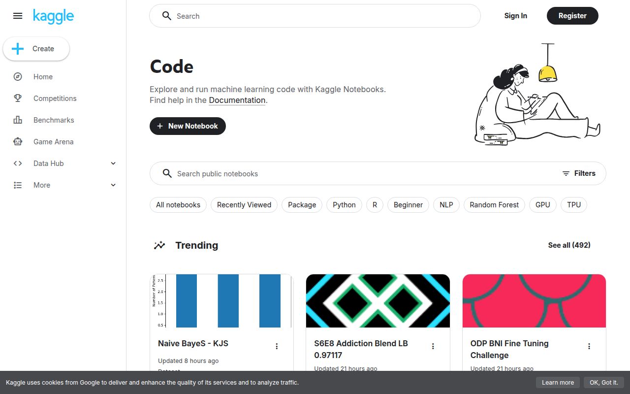 Kaggle Notebooks homepage screenshot