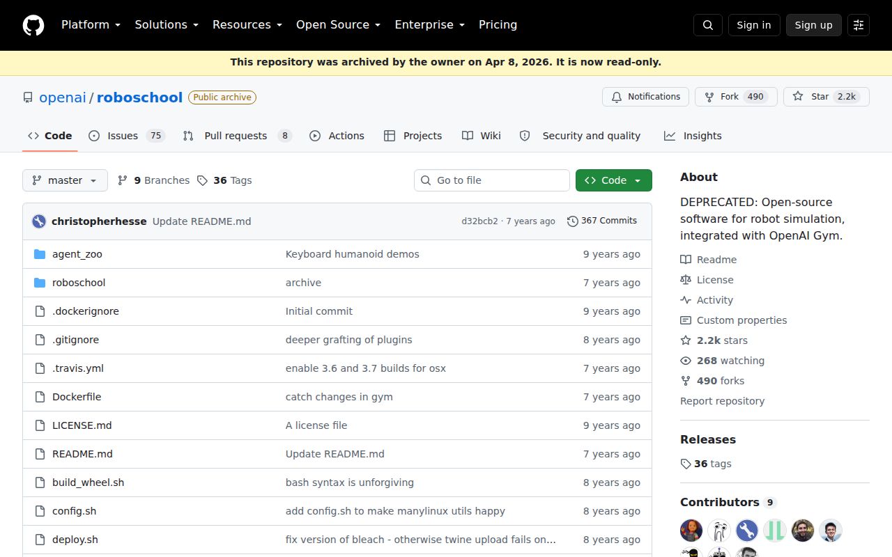 Roboschool homepage screenshot