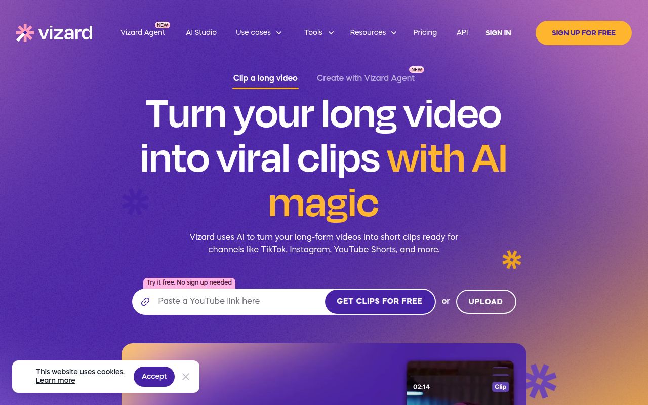 Vizard homepage screenshot