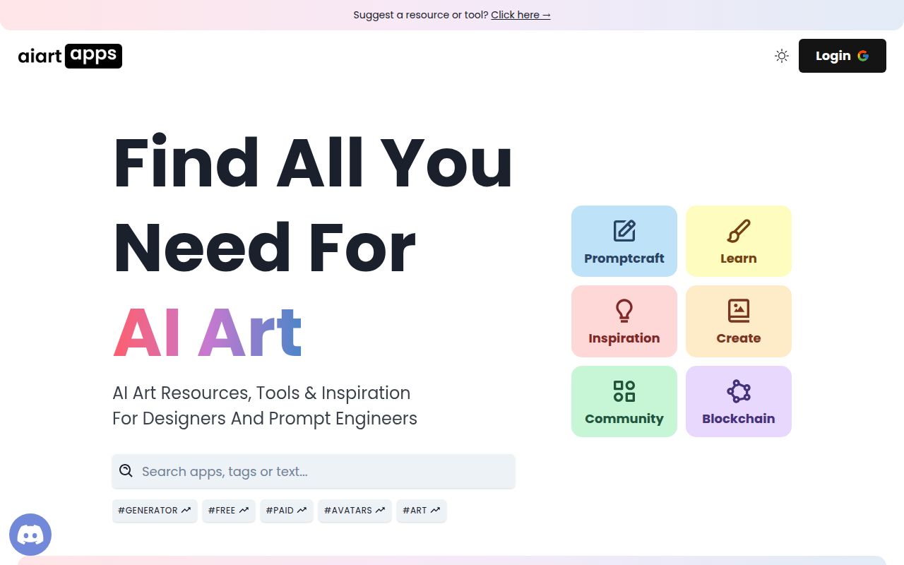 AI Art Apps Database homepage screenshot