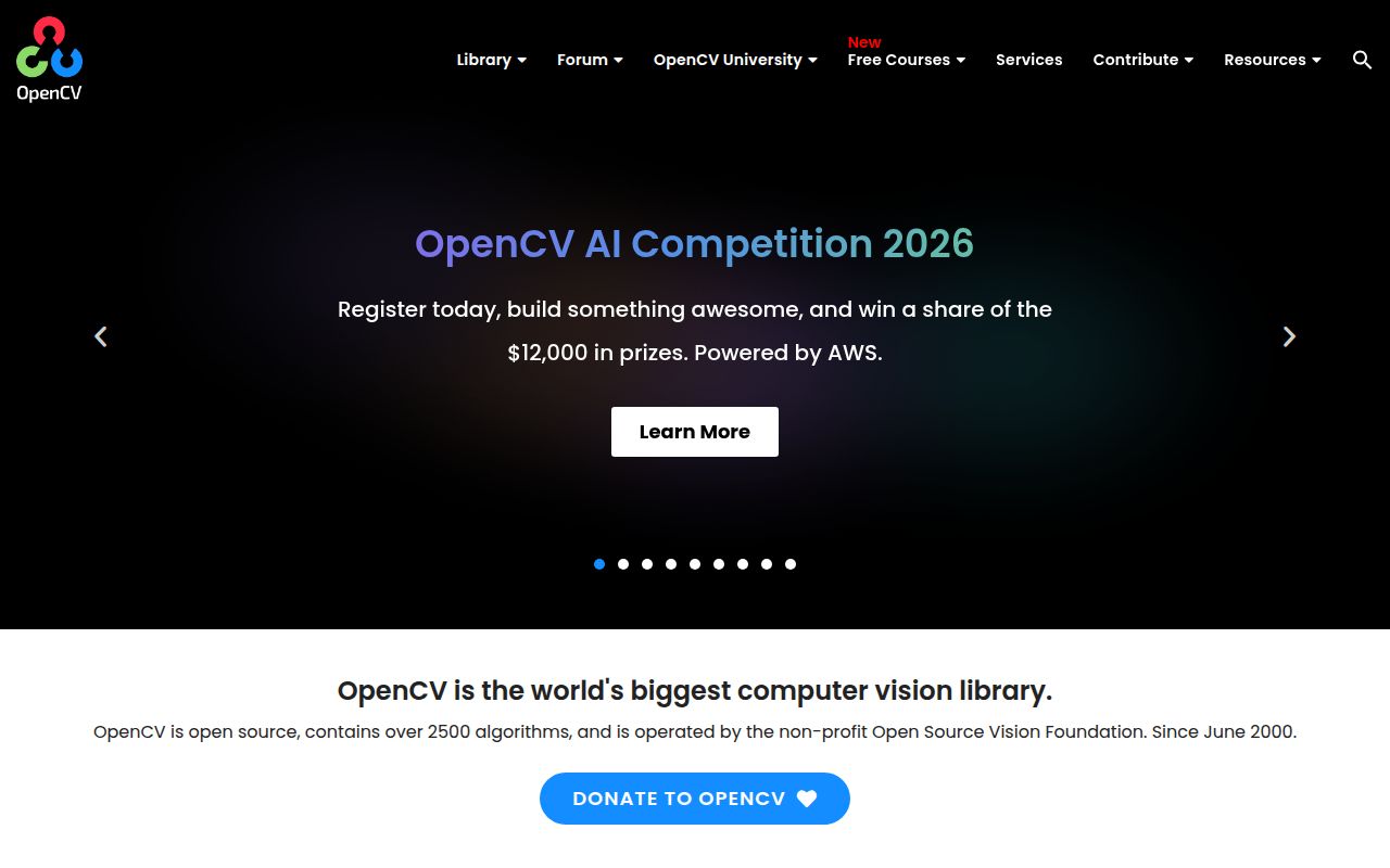 OpenCV homepage screenshot