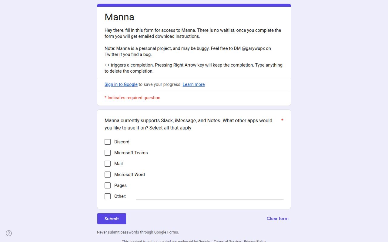 Manna homepage screenshot