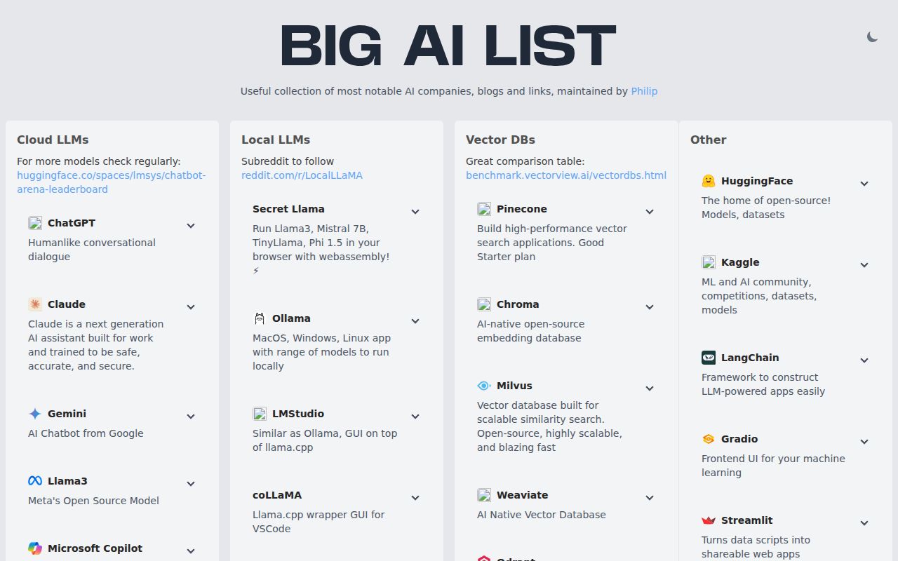 Big AI List homepage screenshot