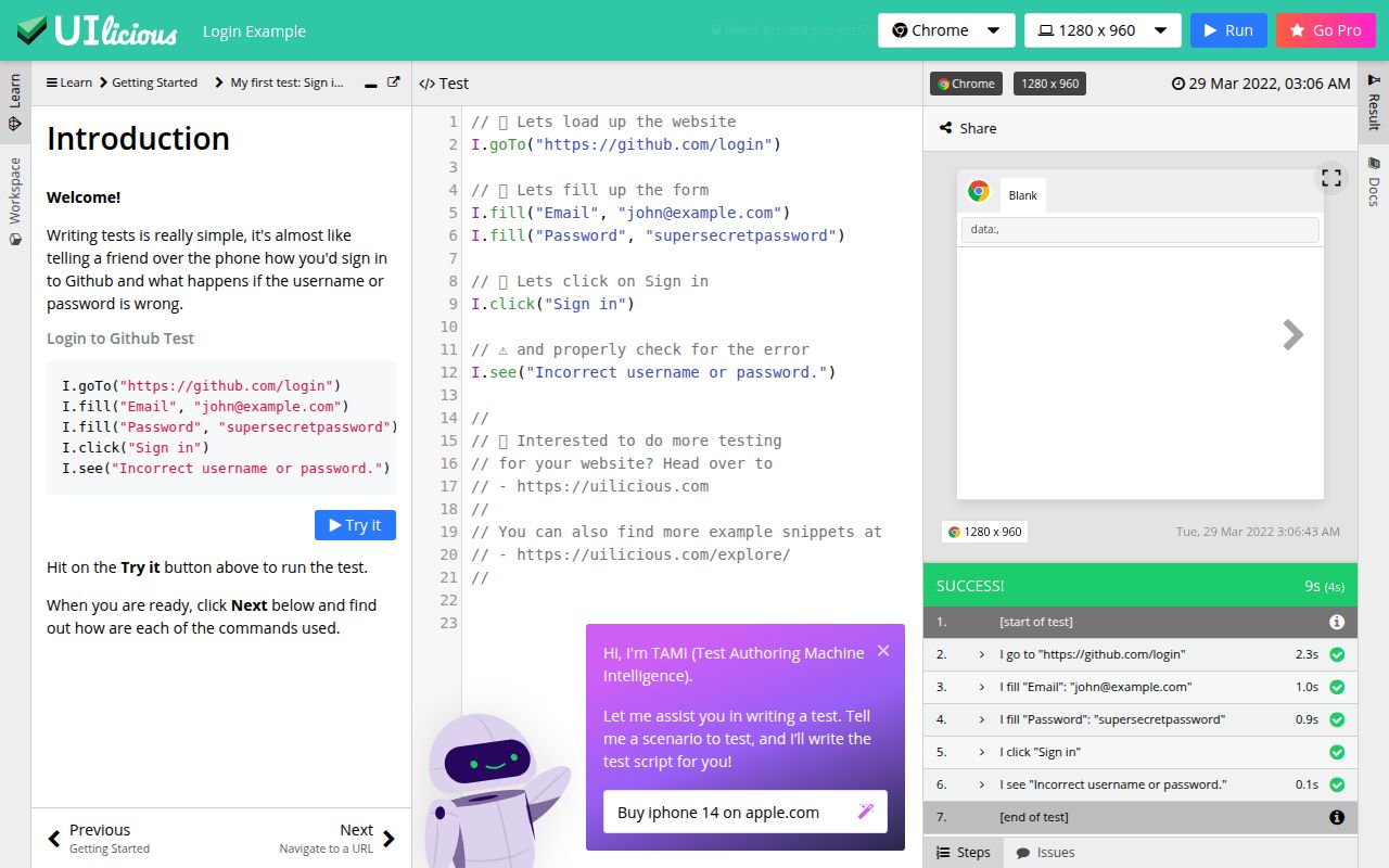 UIlicious TAMI 1.0 homepage screenshot