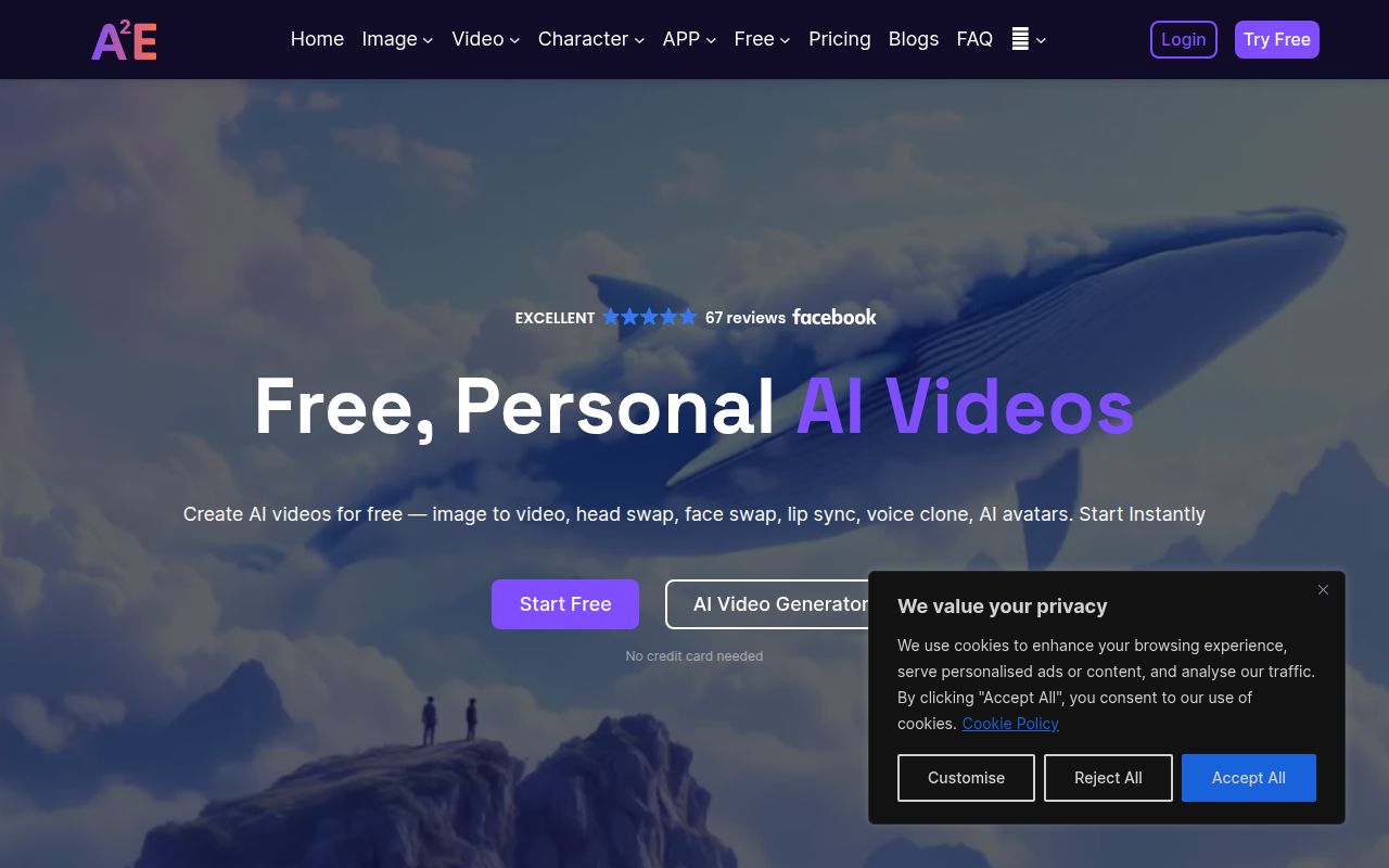 A2E Free AI Videos homepage screenshot