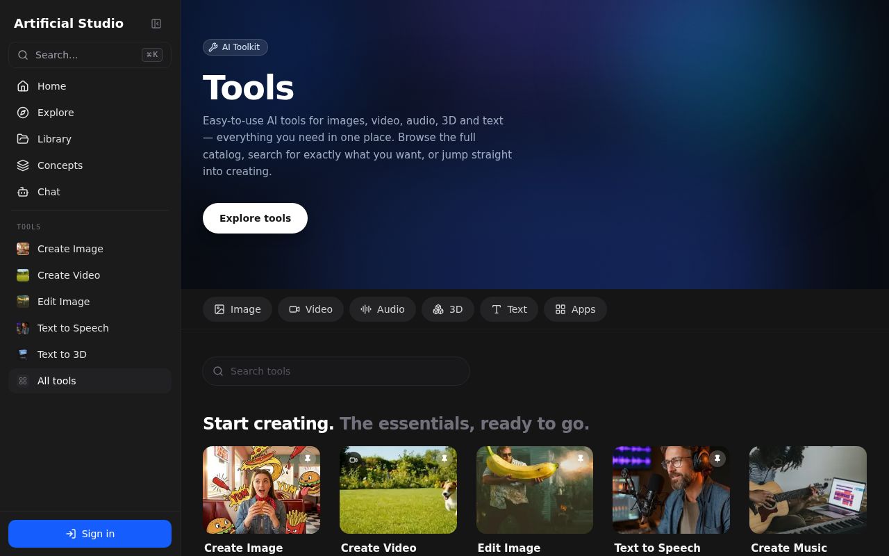 Artificial Studio homepage screenshot