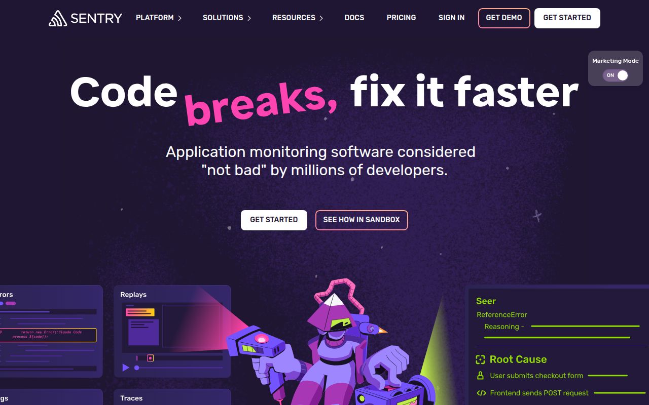 Sentry homepage screenshot