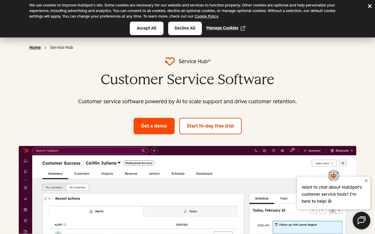 HubSpot Service Hub homepage screenshot