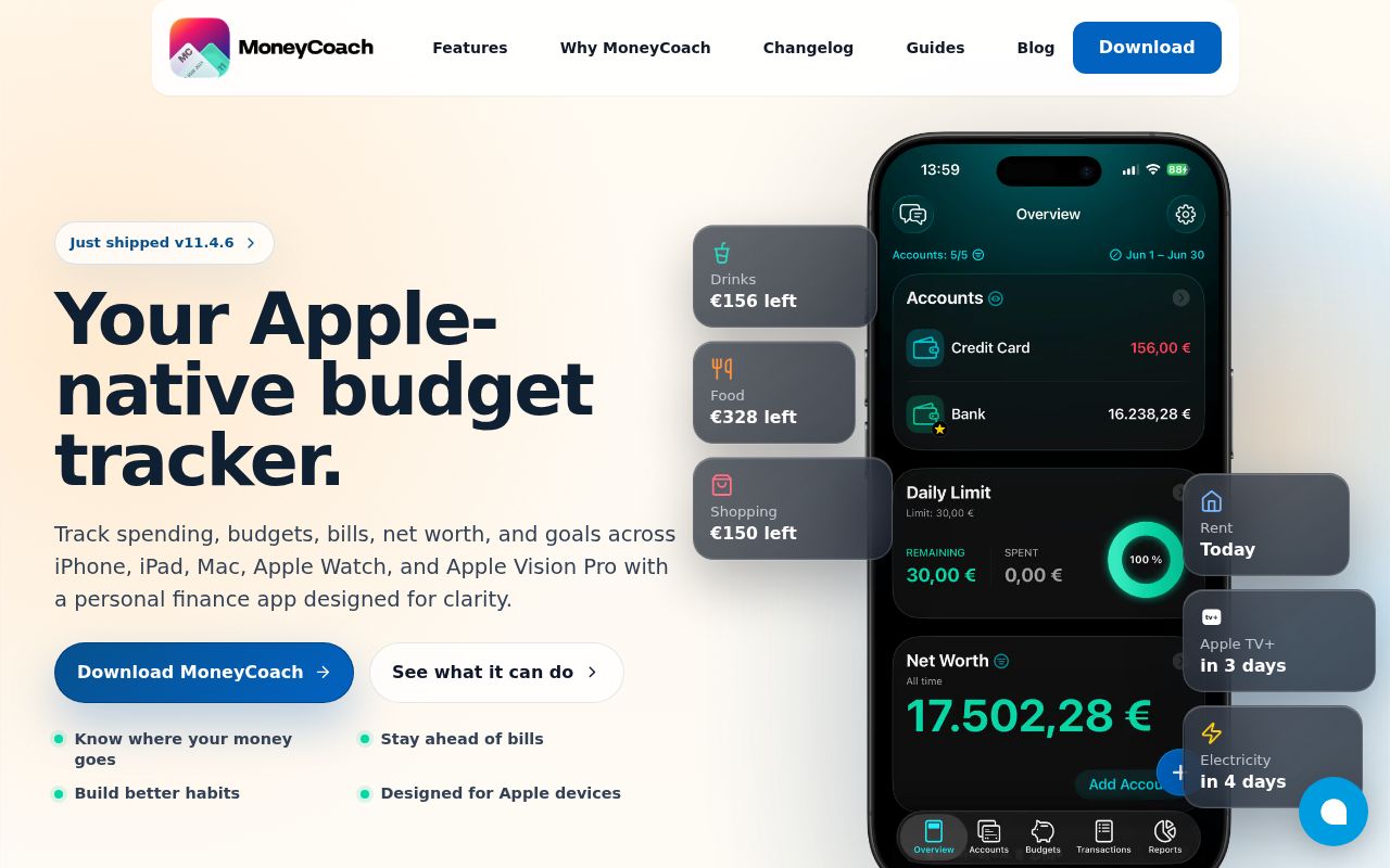 MoneyCoach homepage screenshot