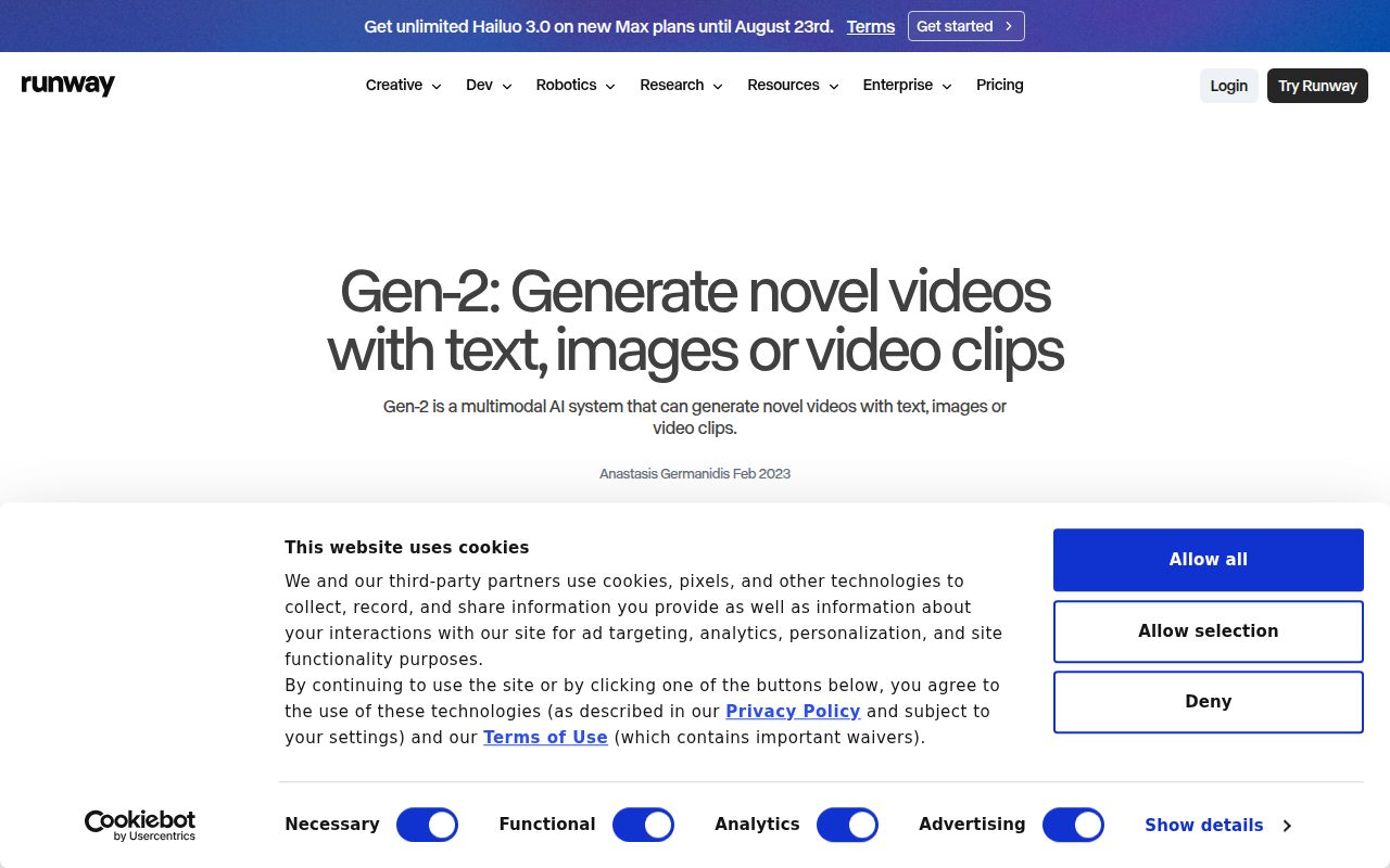 Gen-2 by Runway homepage screenshot
