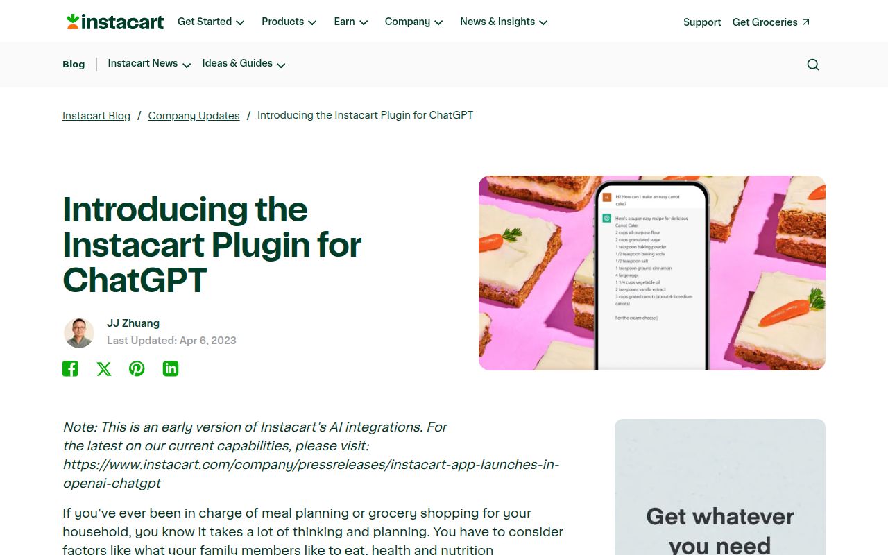 Instacart ChatGPT plugin homepage screenshot