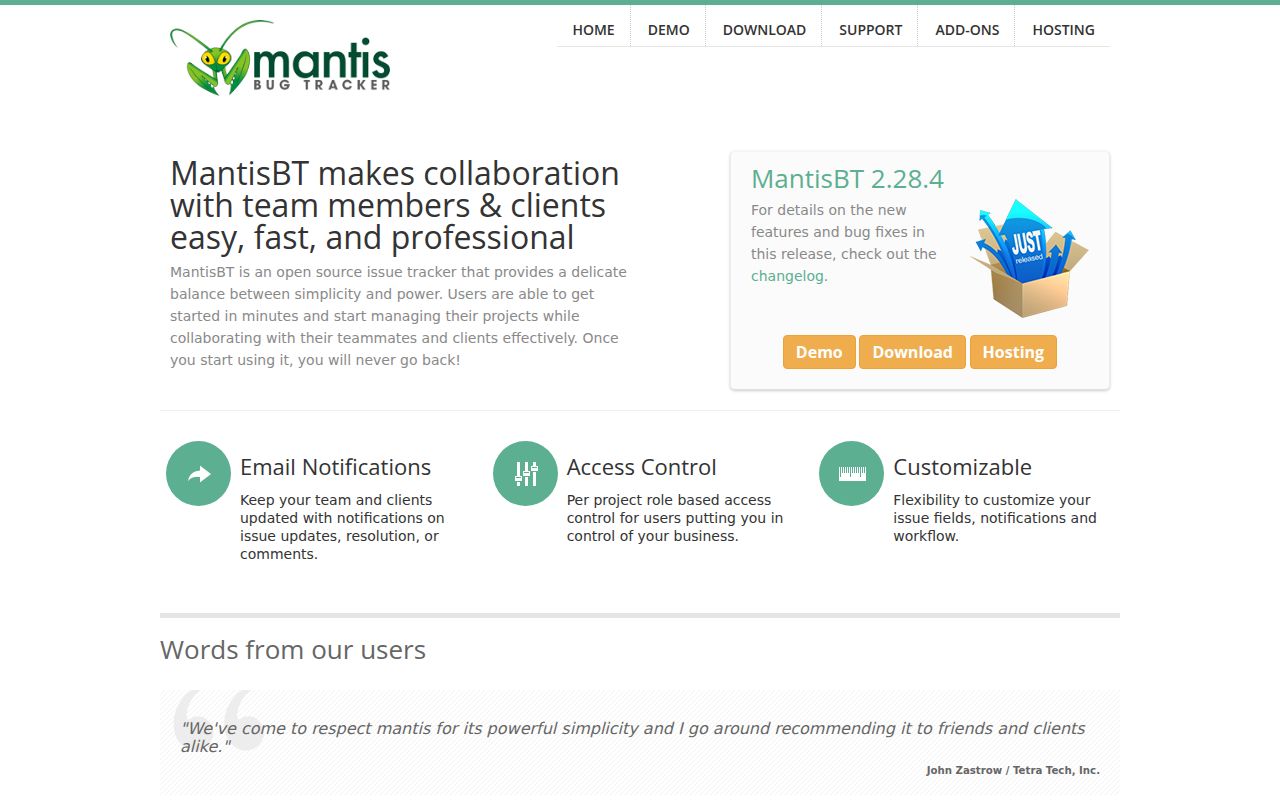 MantisBT homepage screenshot