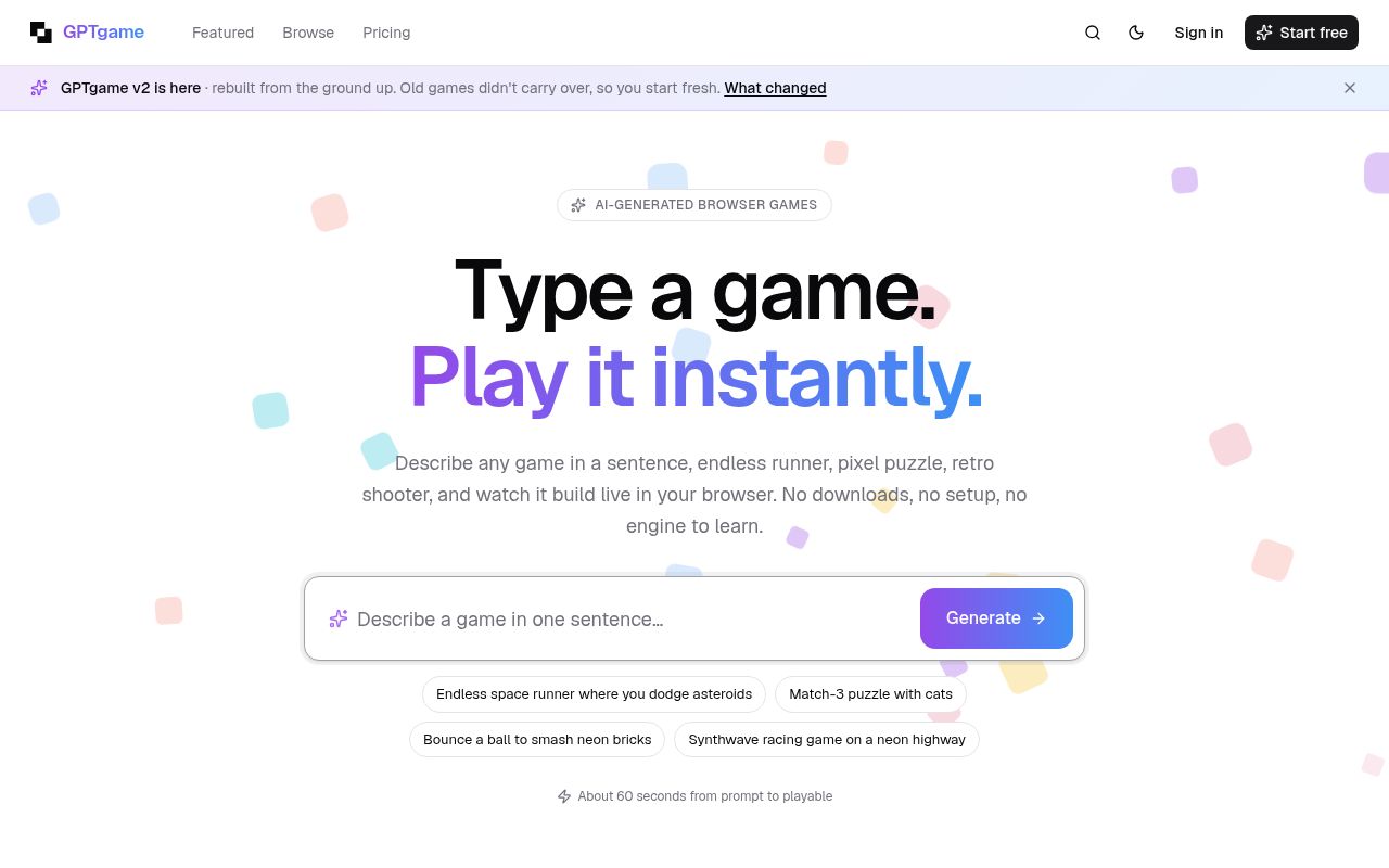 GPTGame homepage screenshot