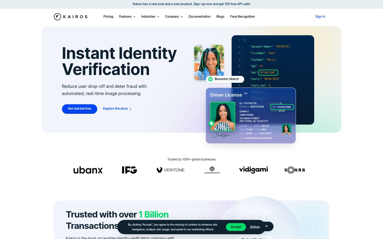 Kairos Facial Recognition homepage screenshot